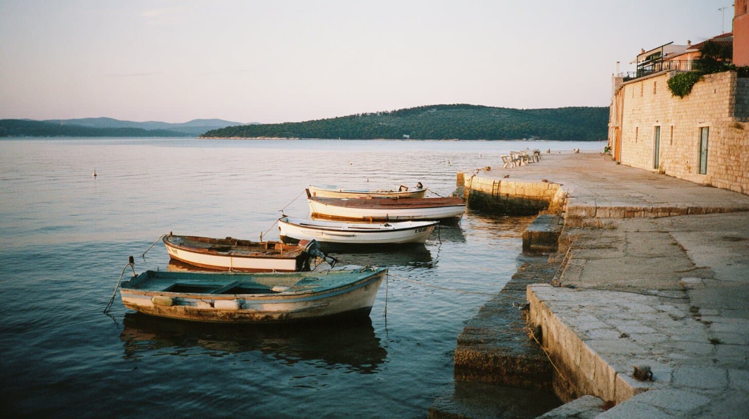 A small Adriatic harbour at dusk, with little wooden boats moored on calm water.